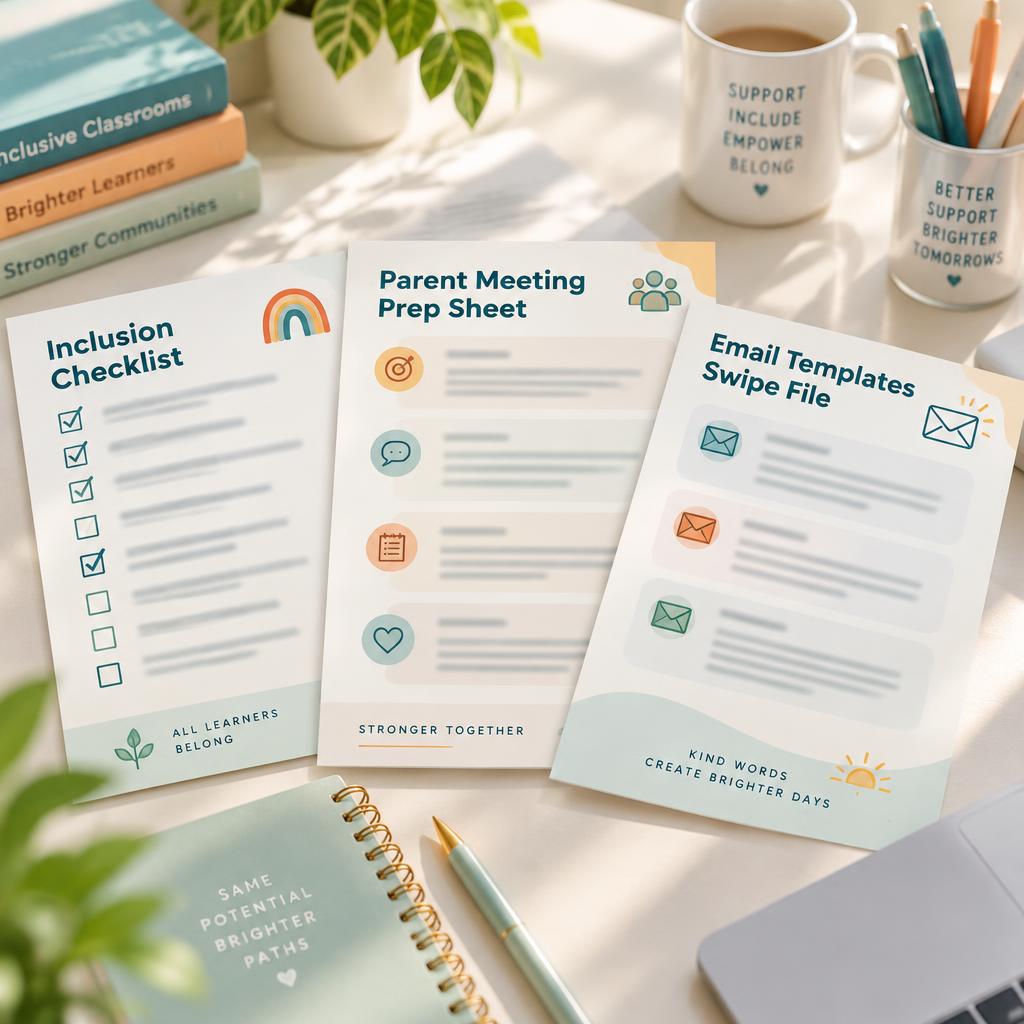 The Quick Inclusion Checklist Bundle: the checklist, prep sheet and email swipe file fanned out on a bright desk with teal accents.