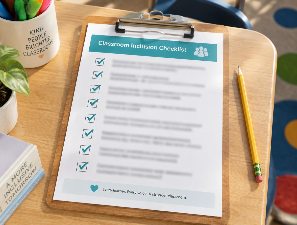 The one-page Classroom Inclusion Checklist with tick boxes, shown on a clipboard on a classroom desk.