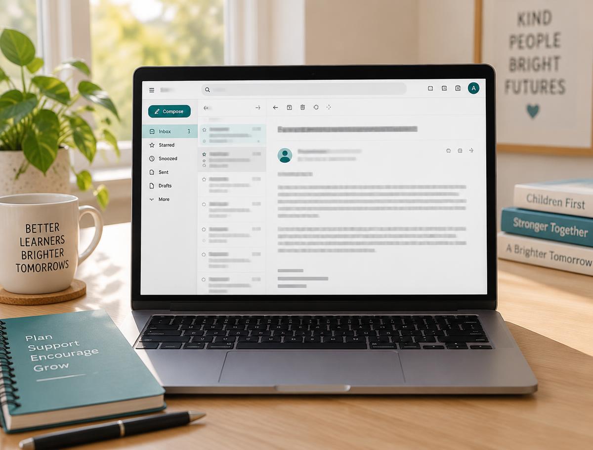 Laptop screen showing one of the parent email templates open in an inbox.