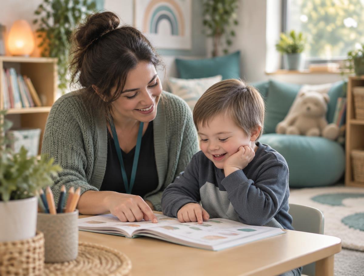 A teaching assistant working one-to-one with a young student in a calm, sensory-friendly classroom corner.